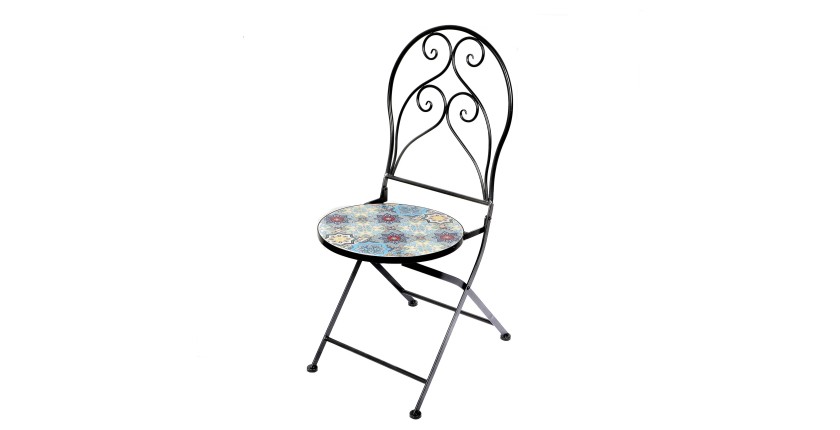 Lot de 2 chaises de jardin bistrot pliables collection PORTO – Mosaïque décorative – Métal noir – 30x50x93 cm
