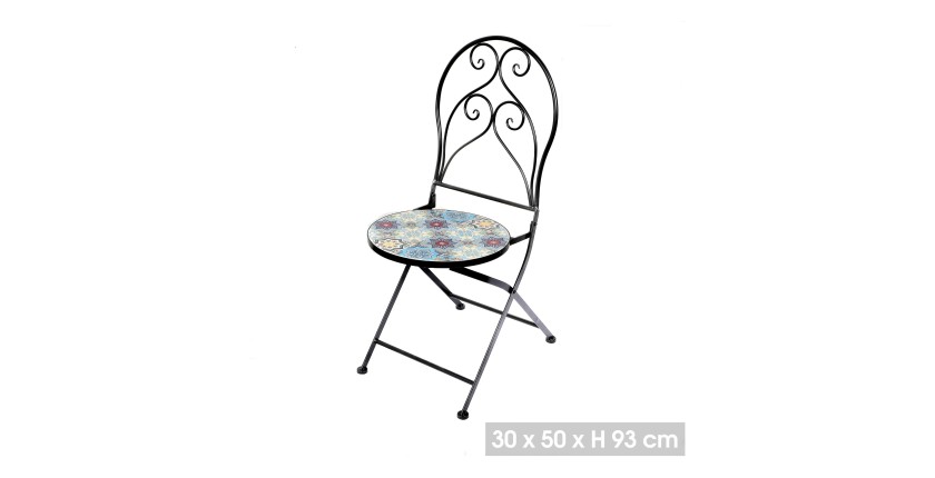 Lot de 2 chaises de jardin bistrot pliables collection PORTO – Mosaïque décorative – Métal noir – 30x50x93 cm