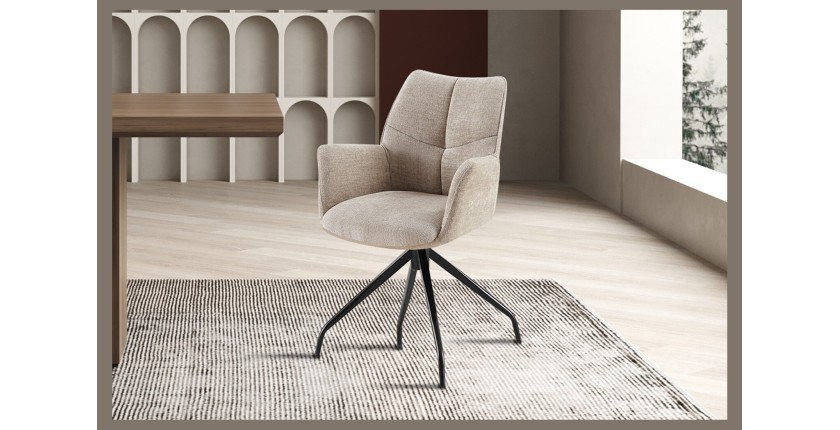 Silla giratoria para comedor TRINITY – Tela color arena – Con brazos – Patas de metal negro – Estilo diseño/industrial