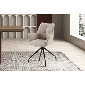 Silla giratoria para comedor TRINITY – Tela color arena – Con brazos – Patas de metal negro – Estilo diseño/industrial