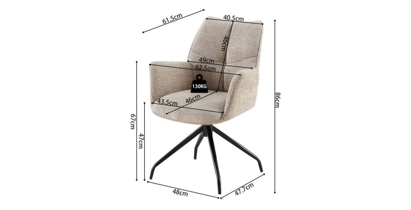Silla giratoria para comedor TRINITY – Tela color arena – Con brazos – Patas de metal negro – Estilo diseño/industrial