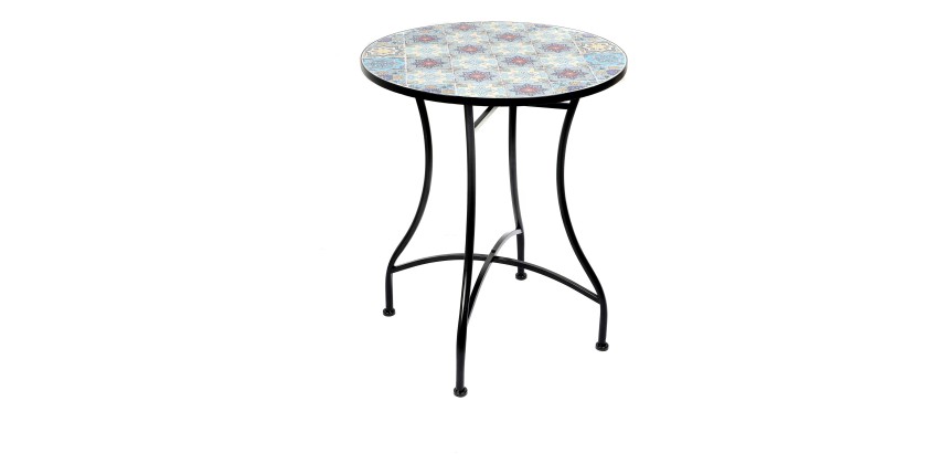 Table de jardin ronde bistrot collection PORTO – Mosaïque décorative – Métal noir – Ø60xH71 cm