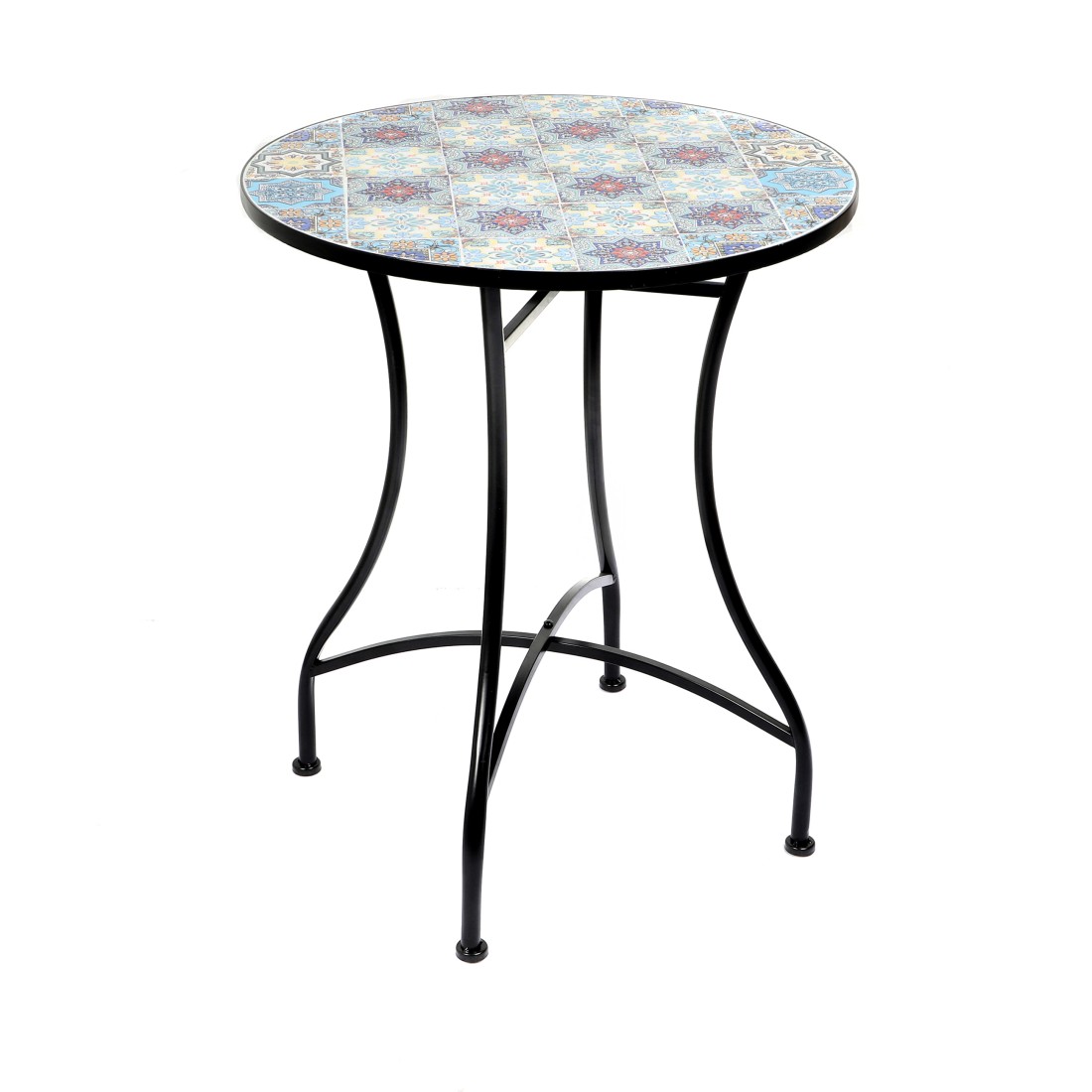 Table de jardin ronde bistrot collection PORTO – Mosaïque décorative – Métal noir – Ø60xH71 cm