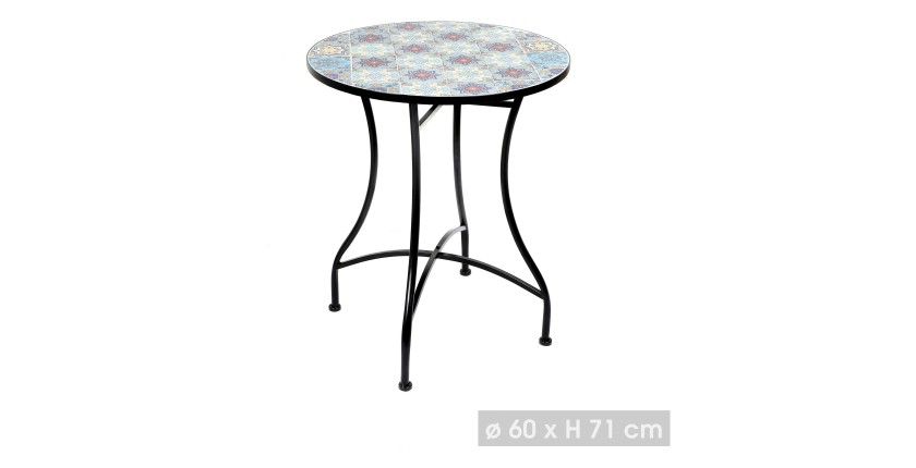 Table de jardin ronde bistrot collection PORTO – Mosaïque décorative – Métal noir – Ø60xH71 cm