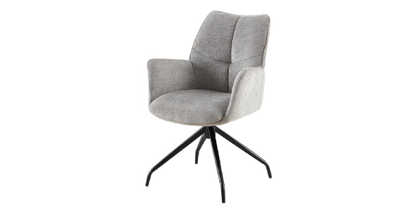 Chaise de salle à manger pivotante TRINITY – Tissu gris – Avec accoudoirs – Pieds métal noir – Style design/industriel