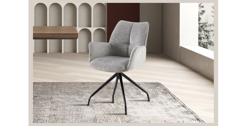 Sedia da pranzo girevole TRINITY – Tessuto grigio – Con braccioli – Gambe in metallo nero – Stile design/industriale