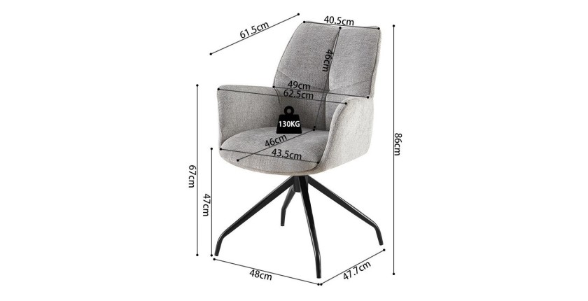 Chaise de salle à manger pivotante TRINITY – Tissu gris – Avec accoudoirs – Pieds métal noir – Style design/industriel