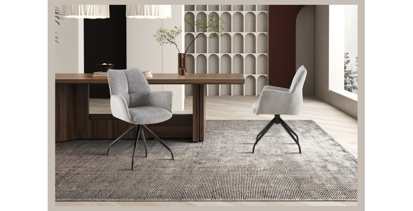Sedia da pranzo girevole TRINITY – Tessuto grigio – Con braccioli – Gambe in metallo nero – Stile design/industriale