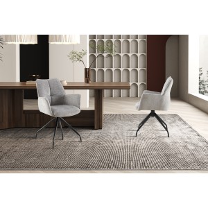 Chaise de salle à manger pivotante TRINITY – Tissu gris – Avec accoudoirs – Pieds métal noir – Style design/industriel