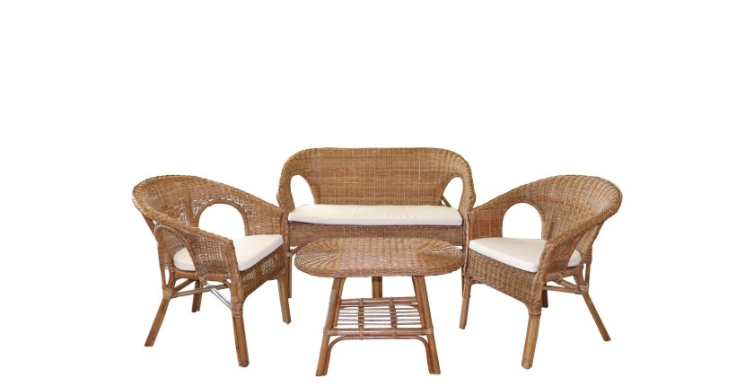 Tuinmeubelset van rotan collectie SIENNE - Tweezitsbank, 2 fauteuils en tafel - Natuurlijke elegantie en comfort