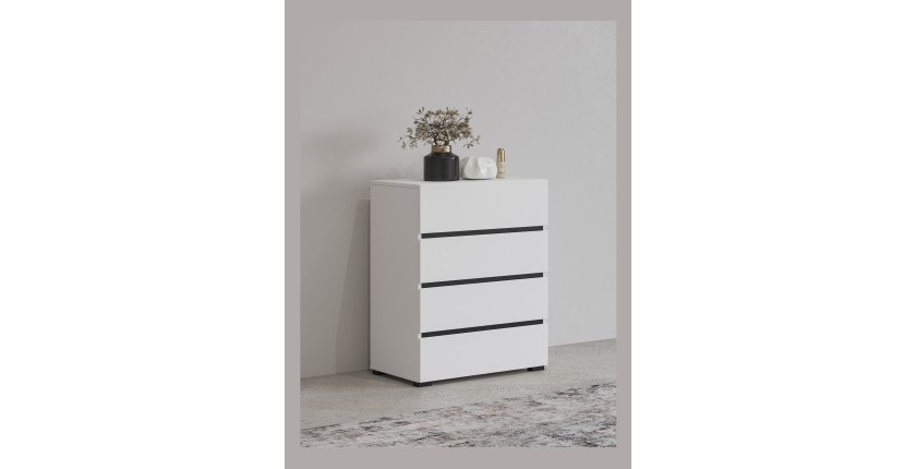 Kleines Sideboard HAVANA – 4 Schubladen – Weiß und Schwarz – Modernes und kompaktes Design