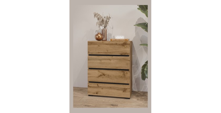 Petit buffet HAVANA – 4 tiroirs – Chêne et noir – Style naturel et moderne