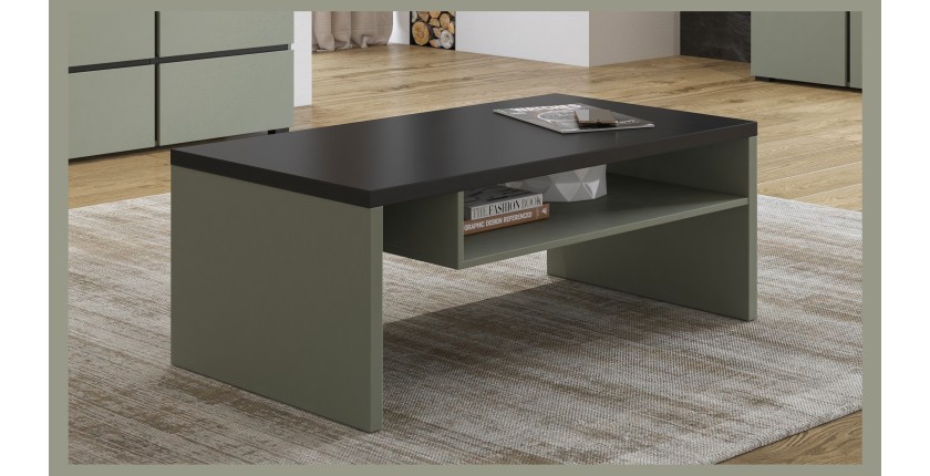 Table basse HAVANA – Vert sauge et noir – Plateau noir mat – Avec niche – Design moderne