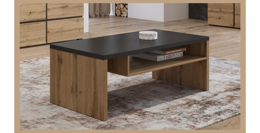 Mesa baja HAVANA – Roble y negro – Tablero negro mate – Con nicho – Estilo natural y moderno
