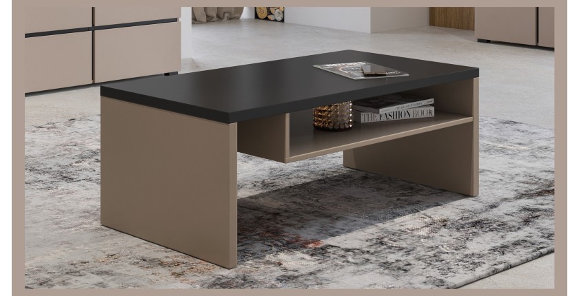 Table basse HAVANA – Beige et noir – Plateau noir mat – Avec niche – Élégance douce et moderne