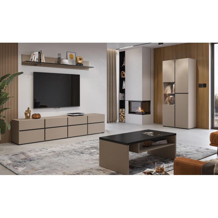 Table basse HAVANA – Beige et noir – Plateau noir mat – Avec niche – Élégance douce et moderne