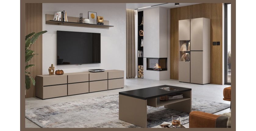 Table basse HAVANA – Beige et noir – Plateau noir mat – Avec niche – Élégance douce et moderne