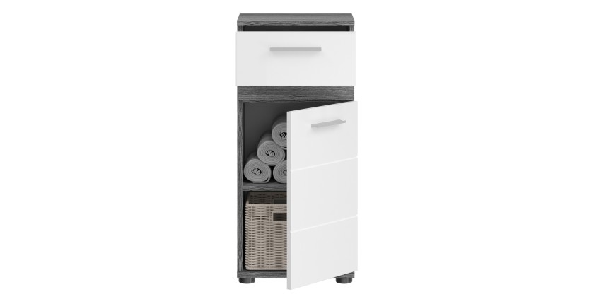 Armoire de salle de bain – Collection WILLIAM – 2 niches, 1 porte, 1 tiroir – Coloris blanc et chêne cendré 