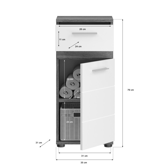 Armoire de salle de bain – Collection WILLIAM – 2 niches, 1 porte, 1 tiroir – Coloris blanc et chêne cendré 