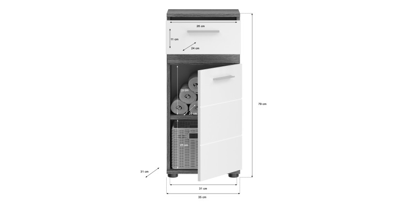 Armoire de salle de bain – Collection WILLIAM – 2 niches, 1 porte, 1 tiroir – Coloris blanc et chêne cendré 