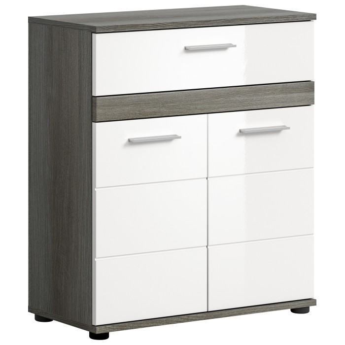 Meuble de rangement de salle de bain WILLIAM – 2 portes, 1 tiroir – Blanc et chêne cendré 