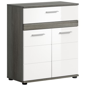 Meuble de rangement de salle de bain WILLIAM – 2 portes, 1 tiroir – Blanc et chêne cendré 