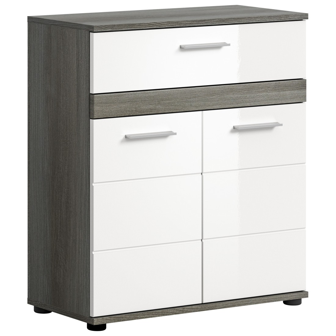 Meuble de rangement de salle de bain WILLIAM – 2 portes, 1 tiroir – Blanc et chêne cendré 