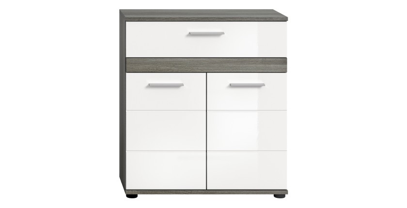 Meuble de rangement de salle de bain WILLIAM – 2 portes, 1 tiroir – Blanc et chêne cendré 
