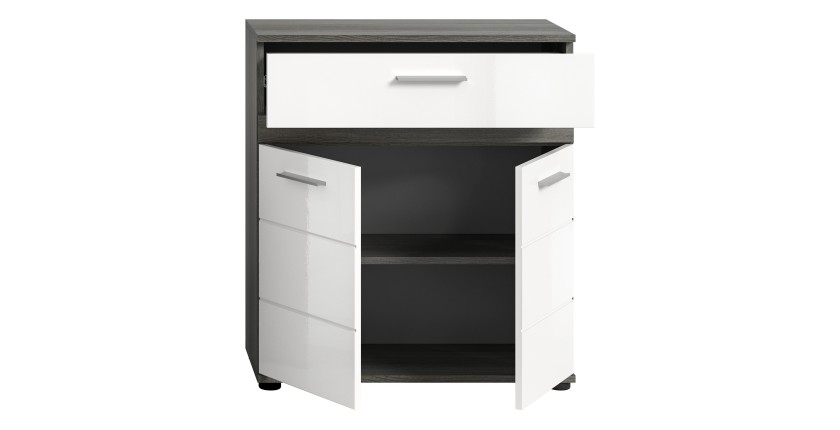 Meuble de rangement de salle de bain WILLIAM – 2 portes, 1 tiroir – Blanc et chêne cendré 