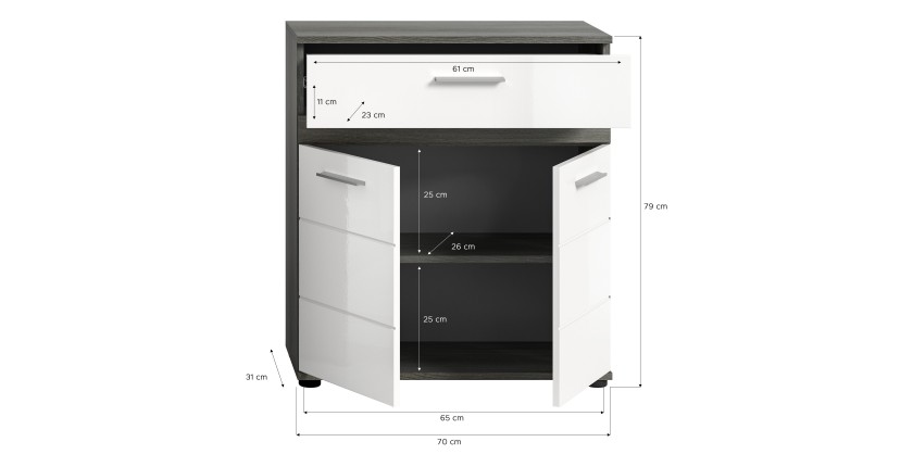 Meuble de rangement de salle de bain WILLIAM – 2 portes, 1 tiroir – Blanc et chêne cendré 