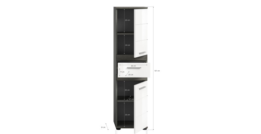 Colonne de salle de bain WILLIAM – 2 portes et 1 tiroir – Blanc et gris foncé 