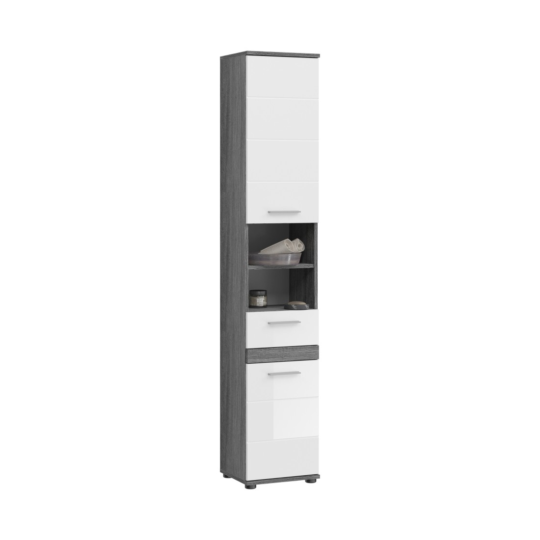 Colonne de salle de bain WILLIAM 2 portes et 1 tiroir – Blanc et gris foncé 