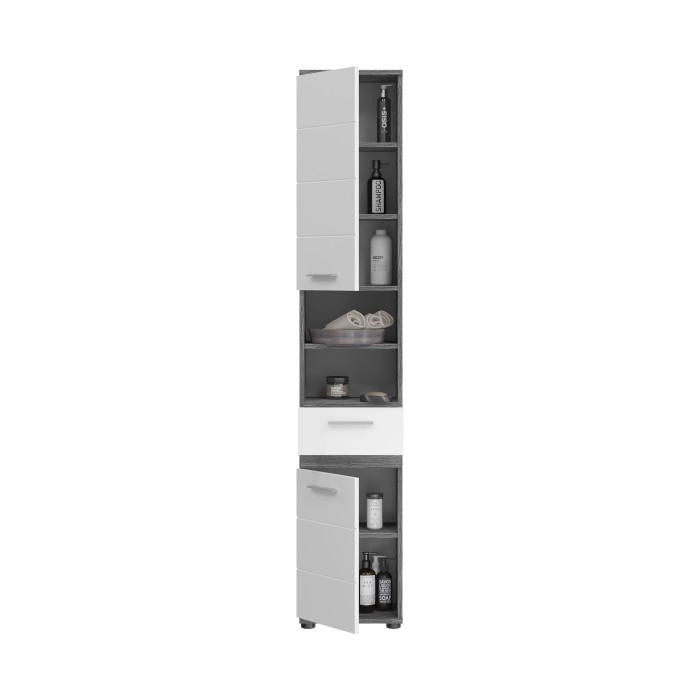 Colonne de salle de bain WILLIAM 2 portes et 1 tiroir – Blanc et gris foncé 