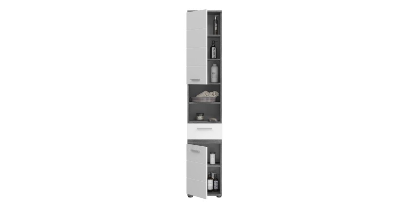 Colonne de salle de bain WILLIAM 2 portes et 1 tiroir – Blanc et gris foncé 