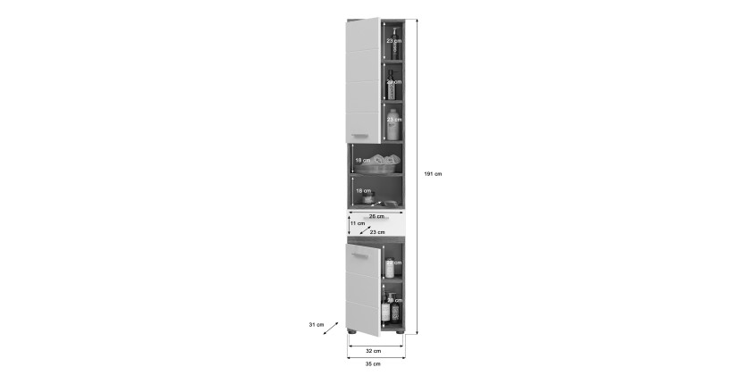 Colonne de salle de bain WILLIAM 2 portes et 1 tiroir – Blanc et gris foncé 