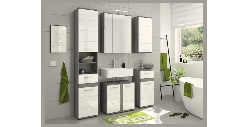 Meuble de rangement de salle de bain WILLIAM – Blanc et gris foncé – 9 niches suspendues 