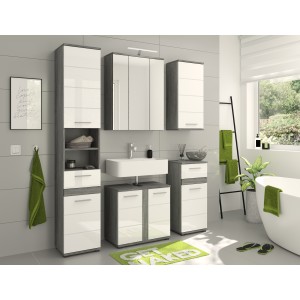 Meuble de rangement de salle de bain WILLIAM – Blanc et gris foncé – 9 niches suspendues 