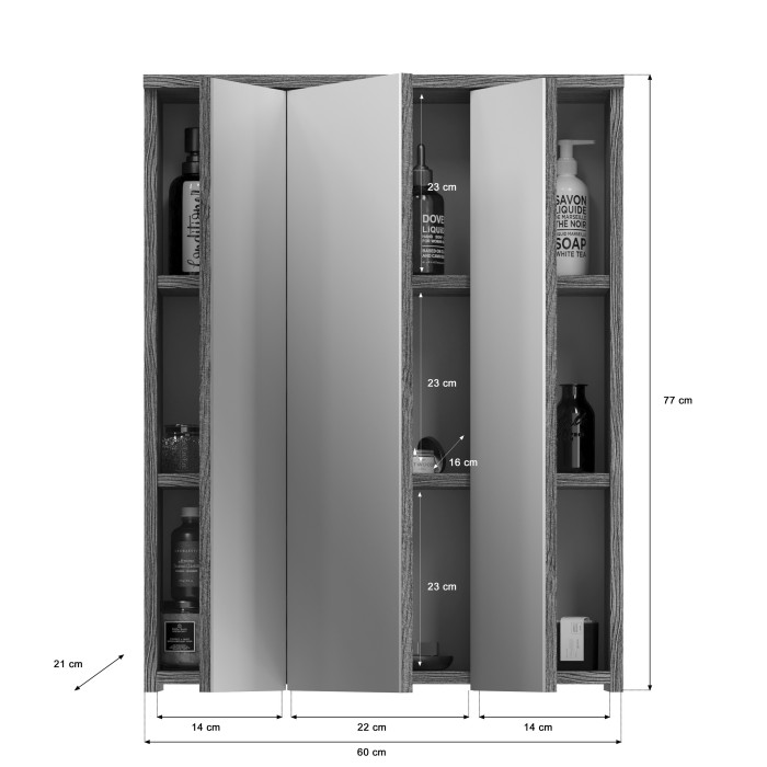 Meuble de rangement de salle de bain WILLIAM – Avec LED – Blanc et gris foncé – 9 niches suspendues 