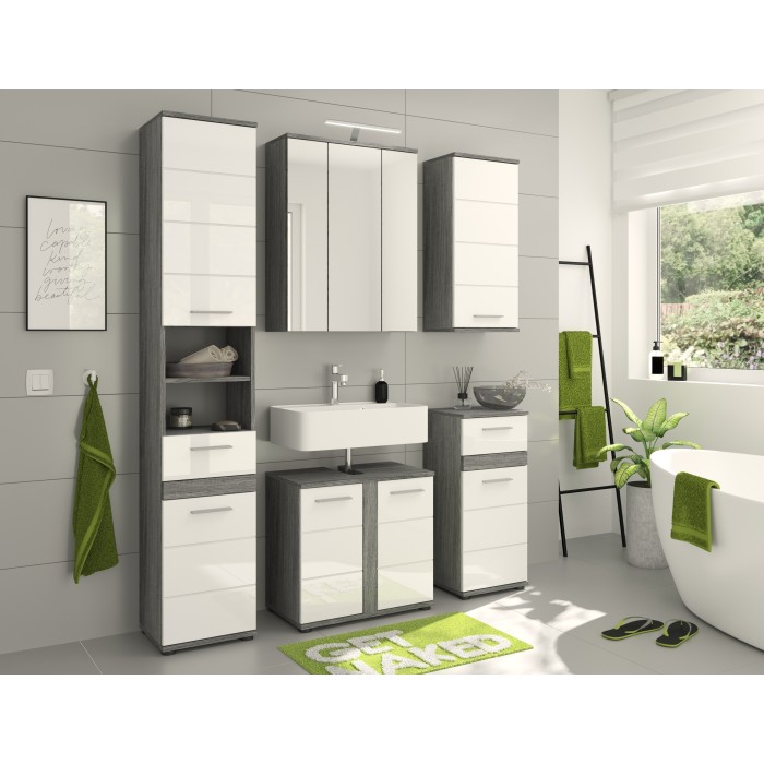 Meuble de rangement de salle de bain WILLIAM – Avec LED – Blanc et gris foncé – 9 niches suspendues 