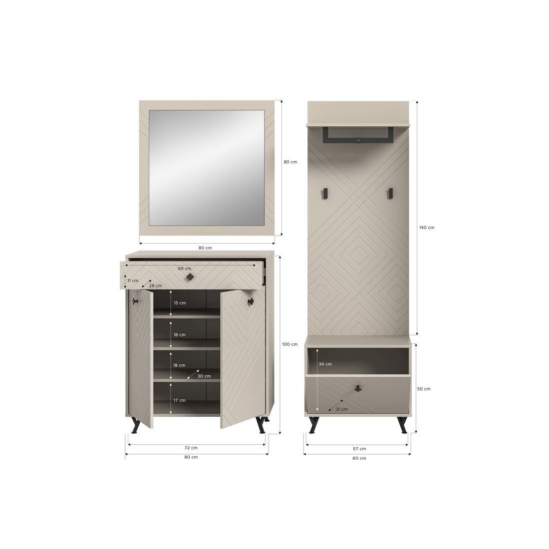 Ensemble d'entrée complet LUNA – Beige mat – 3 éléments – 195x190x35 cm 
