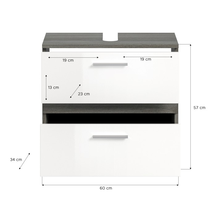 Mobile sottolavabo WILLIAM - Grigio scuro e bianco - 60x57x34 cm - 2 cassetti 