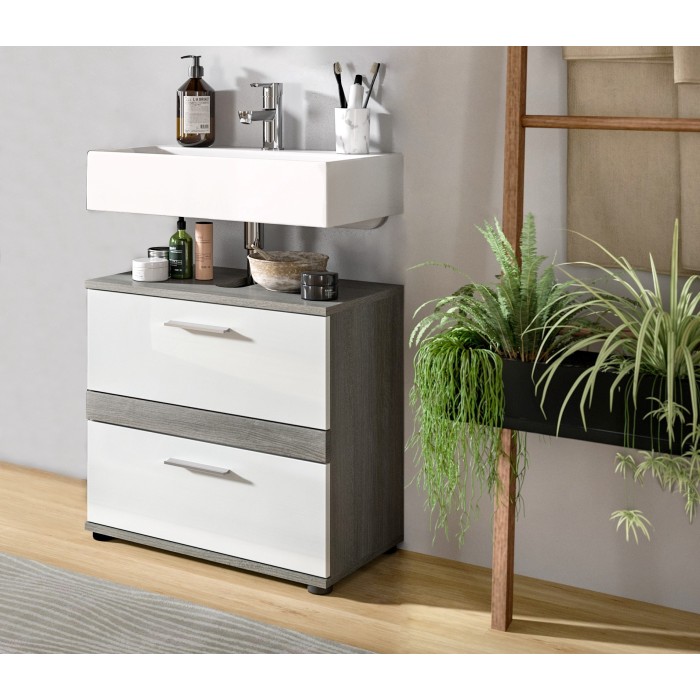 Mobile sottolavabo WILLIAM - Grigio scuro e bianco - 60x57x34 cm - 2 cassetti 