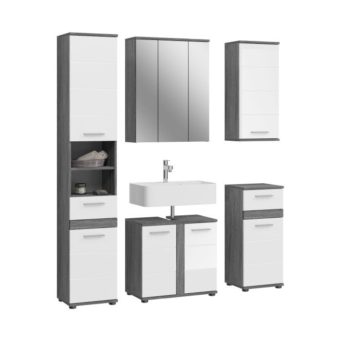 Badezimmermöbelset WILLIAM – Dunkelgrau und Weiß – 164x191x34 cm – 6 Türen, 2 Schubladen 