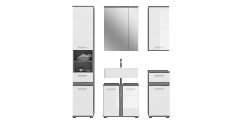 Ensemble de meubles de salle de bain WILLIAM – Gris foncé et blanc – 164x191x34 cm – 6 portes, 2 tiroirs 