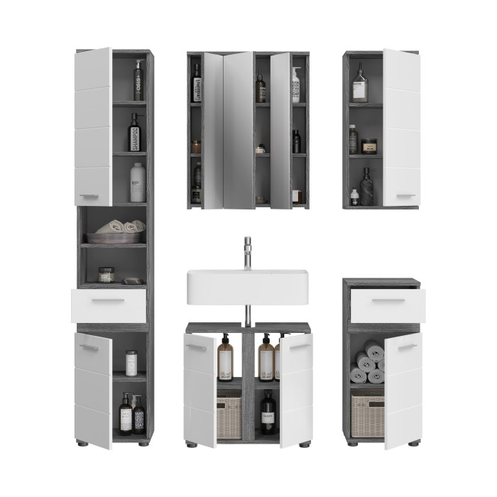 Badkamermeubelset WILLIAM - Donkergrijs en wit - 164x191x34 cm - 6 deuren, 2 laden 