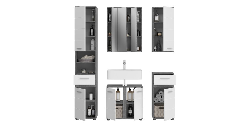 Ensemble de meubles de salle de bain WILLIAM – Gris foncé et blanc – 164x191x34 cm – 6 portes, 2 tiroirs 