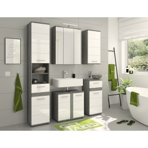Ensemble de meubles de salle de bain WILLIAM – Gris foncé et blanc – 164x191x34 cm – 6 portes, 2 tiroirs 