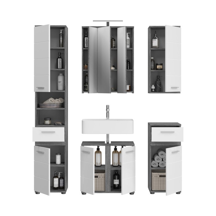 Badkamermeubelset WILLIAM - Donkergrijs en wit - 164x191x34 cm - Met LED 