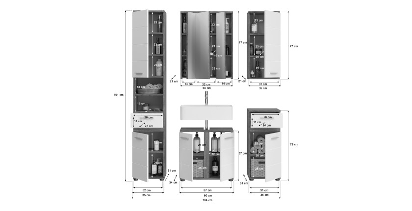 Ensemble de meubles de salle de bain WILLIAM – Gris foncé et blanc – 164x191x34 cm – Avec LED 