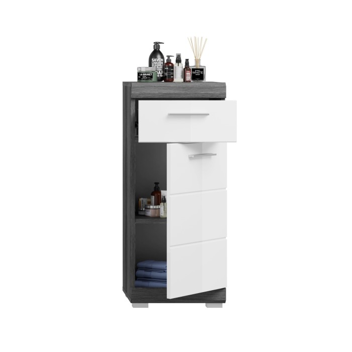 Meuble de rangement bas SCOTT – 1 porte et 1 tiroir – Gris foncé et blanc – 37x88x31 cm 